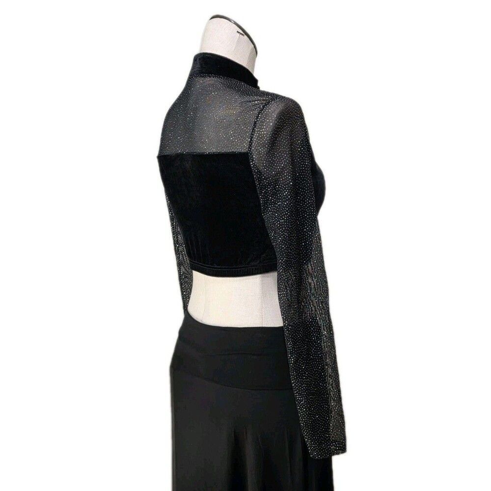 Body Wrappers VTG 90s Mesh Velvet Mock Neck Dance Midriff Glitter Top Adult L - Picture 9 of 16